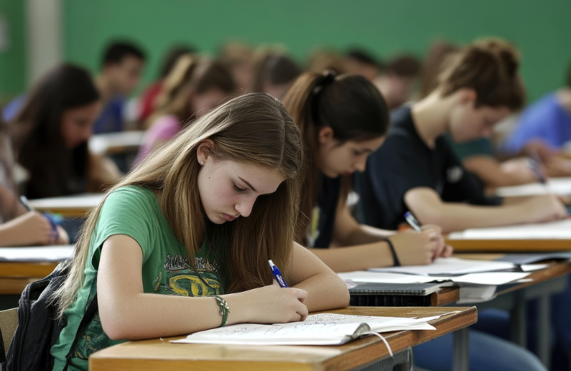 Uczniowie podczas egzaminu ósmoklasisty z matematyki skupieni na rozwiązywaniu zadań