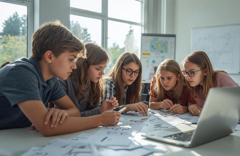 Uczniowie klas 7–8 rozwiązują zagadki matematyczne w grupie podczas warsztatów szkolnych