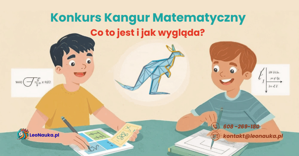 Uczniowie rozwiązują zadania matematyczne podczas przygotowań do Konkursu Kangur Matematyczny - ilustracja edukacyjna LeoNauka.pl