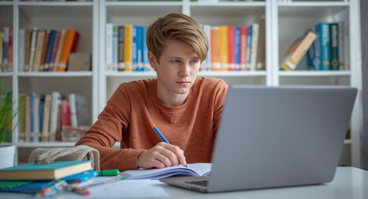 Uczeń uczący się matematyki do egzaminu ósmoklasisty na kursie online