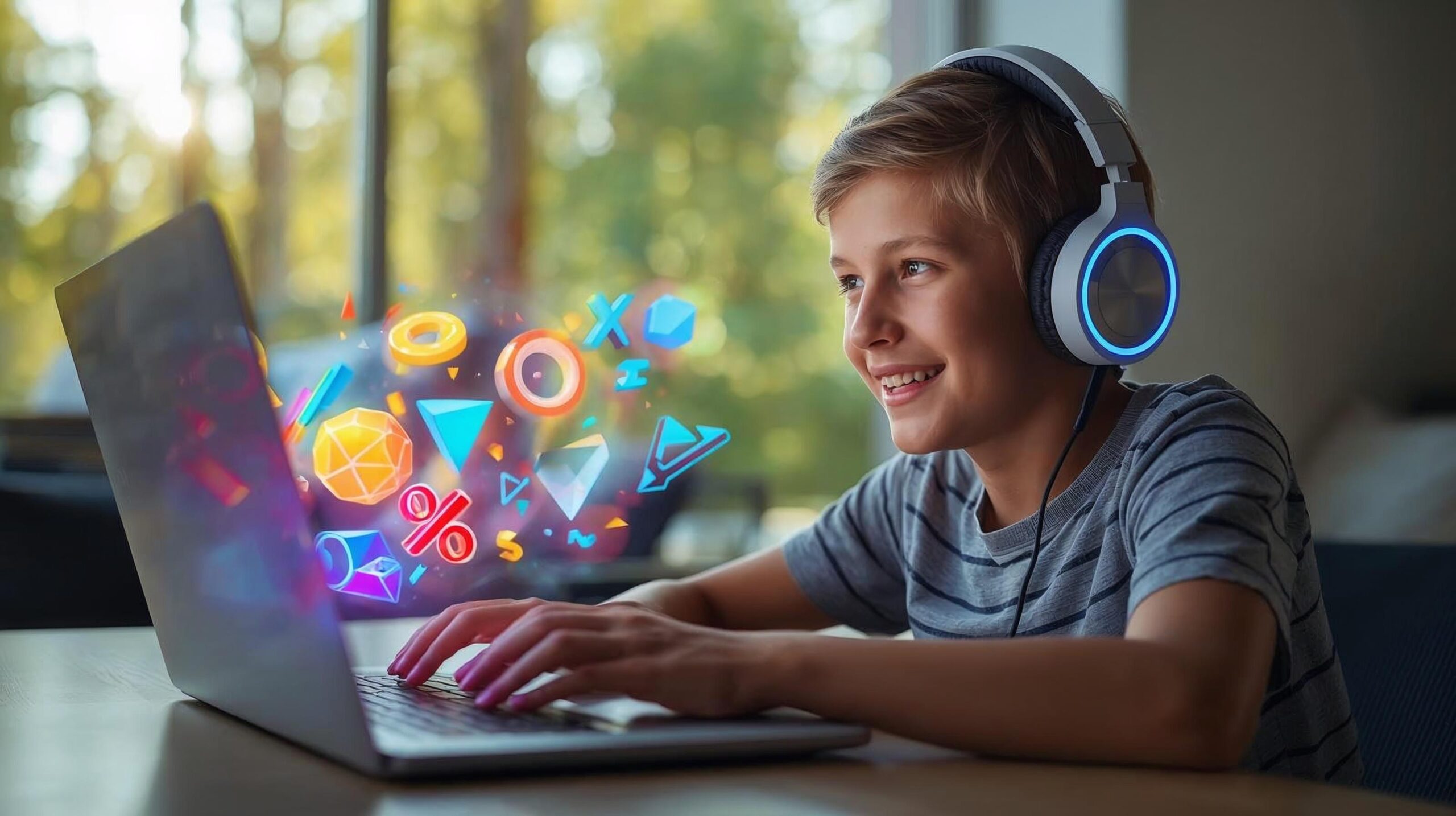Uczeń w słuchawkach korzystający z interaktywnego kursu matematyki online Matematyczny Survival.
