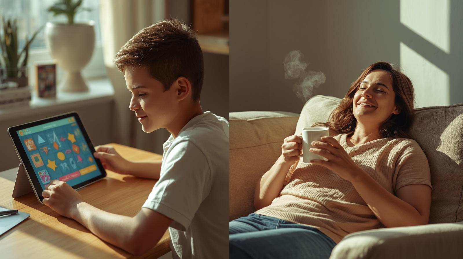 Podzielony ekran: po lewej stronie uśmiechnięty uczeń rozwiązujący zadania logiczne na tablecie, po prawej zrelaksowana mama pijąca kawę na kanapie w słonecznym pokoju.