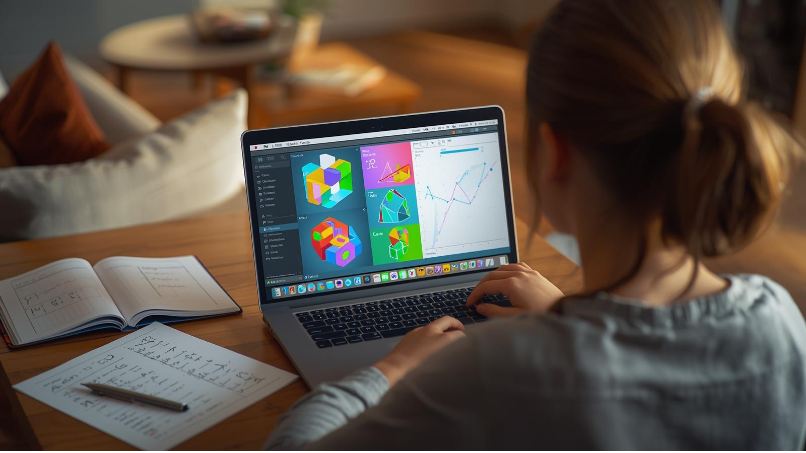 Uczeń rozwiązujący zadania geometryczne i testy logiczne na laptopie podczas wakacyjnych warsztatów OlimpIQ Matematyka z LeoNauka.